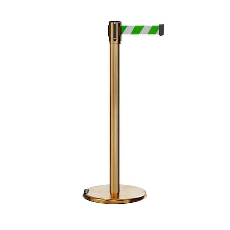 Retractable Belt Rolling Stanchion, 2ft Sat.Brass Post  11ft. Grn/Wh